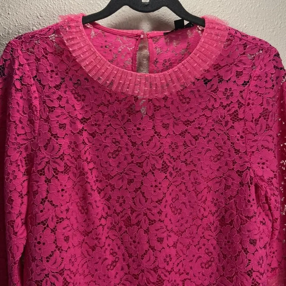 J. Crew Women Pink Lined Lace Blouse With Tulle Ruffle Detail Size M